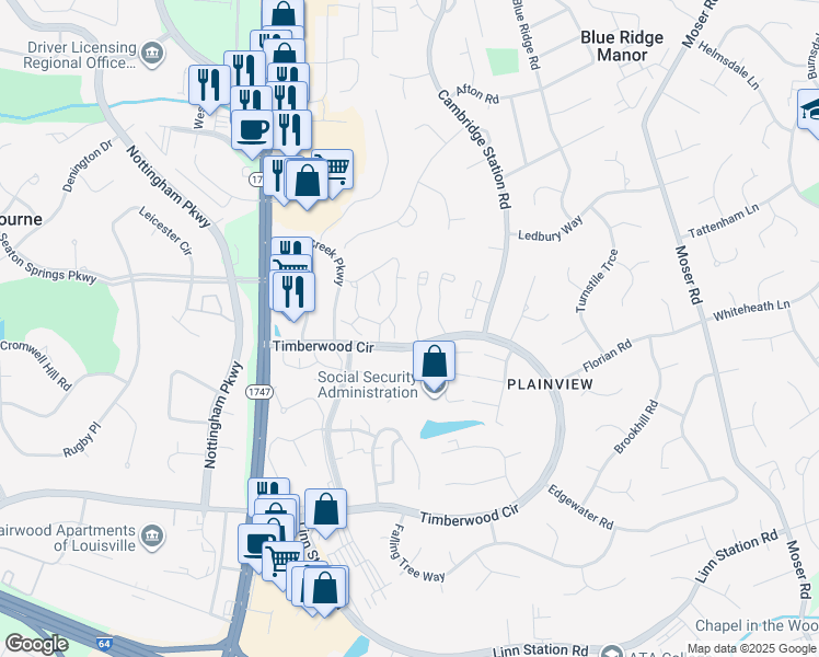 map of restaurants, bars, coffee shops, grocery stores, and more near 10069 Willow Brook Circle in Louisville