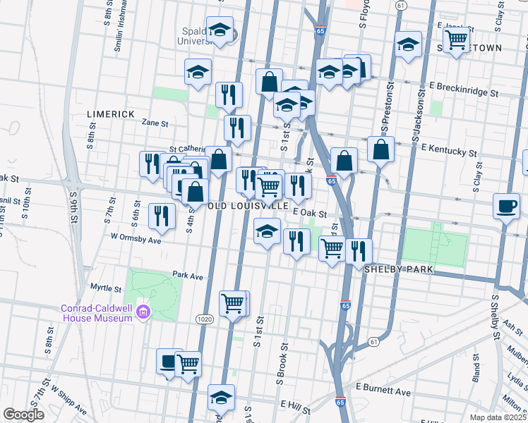 map of restaurants, bars, coffee shops, grocery stores, and more near 114 West Oak Street in Louisville