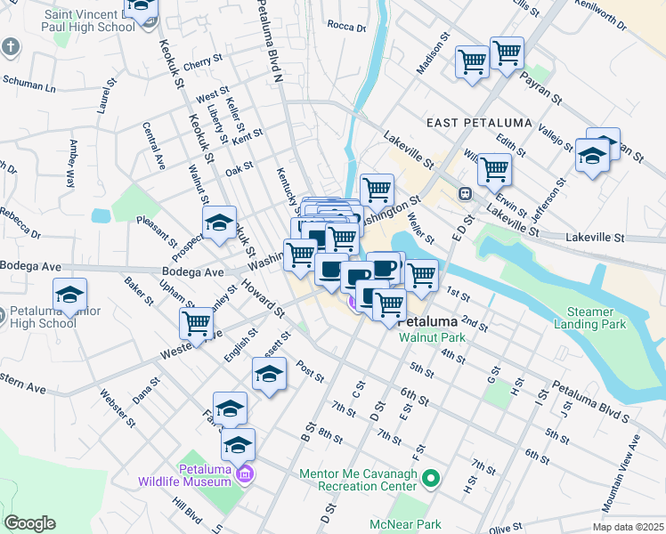 map of restaurants, bars, coffee shops, grocery stores, and more near in Petaluma