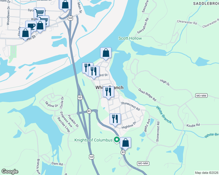 map of restaurants, bars, coffee shops, grocery stores, and more near in White Branch