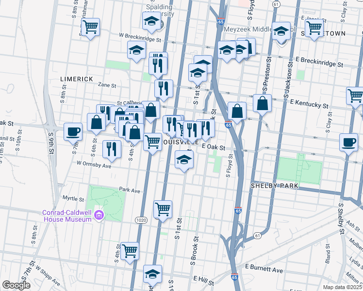 map of restaurants, bars, coffee shops, grocery stores, and more near 116 West Oak Street in Louisville