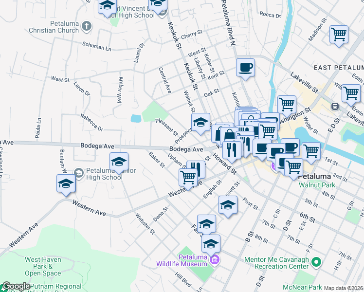 map of restaurants, bars, coffee shops, grocery stores, and more near 620 Prospect Street in Petaluma