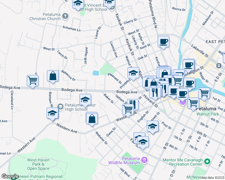 map of restaurants, bars, coffee shops, grocery stores, and more near 14 Park Avenue in Petaluma