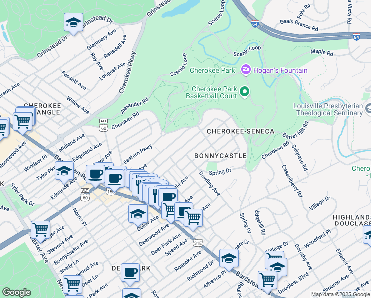 map of restaurants, bars, coffee shops, grocery stores, and more near 2217 Alta Avenue in Louisville