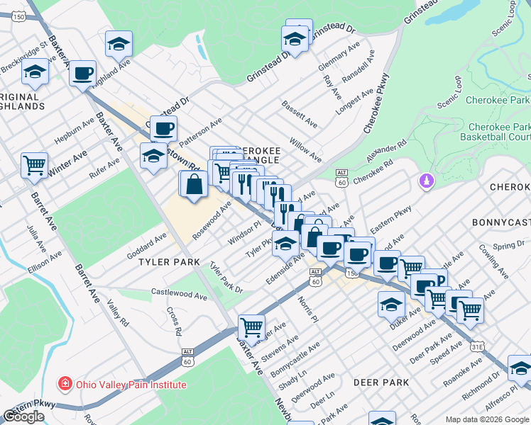 map of restaurants, bars, coffee shops, grocery stores, and more near 2017 Cherokee Parkway in Louisville