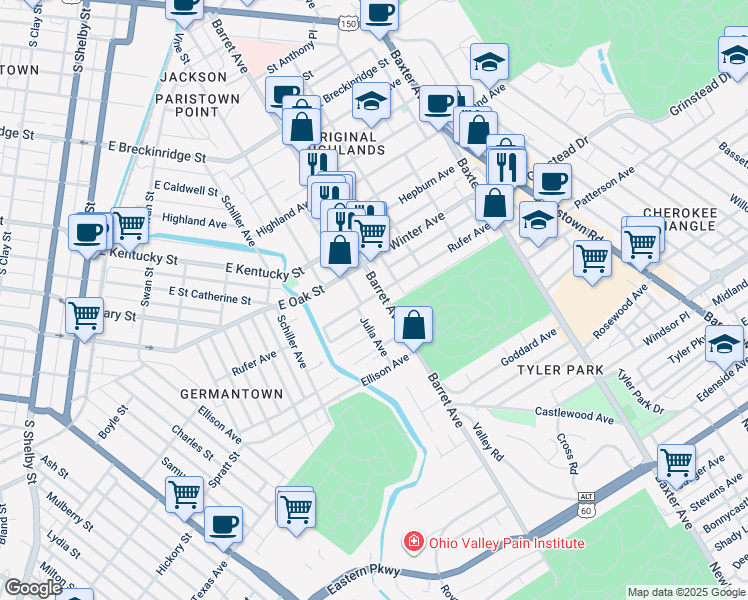 map of restaurants, bars, coffee shops, grocery stores, and more near 1310 Rufer Avenue in Louisville