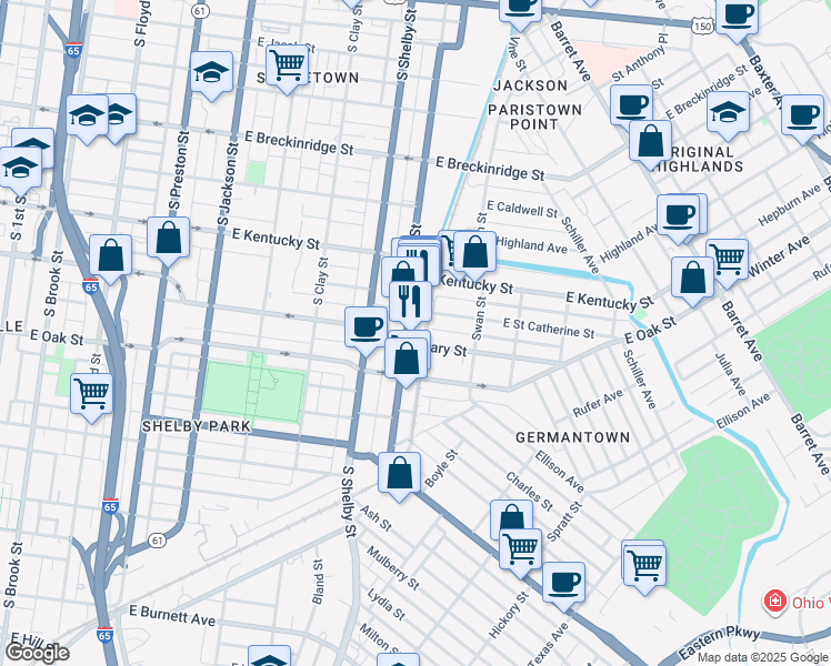 map of restaurants, bars, coffee shops, grocery stores, and more near 1104 Logan Street in Louisville