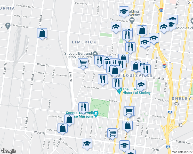 map of restaurants, bars, coffee shops, grocery stores, and more near 1206 South 6th Street in Louisville