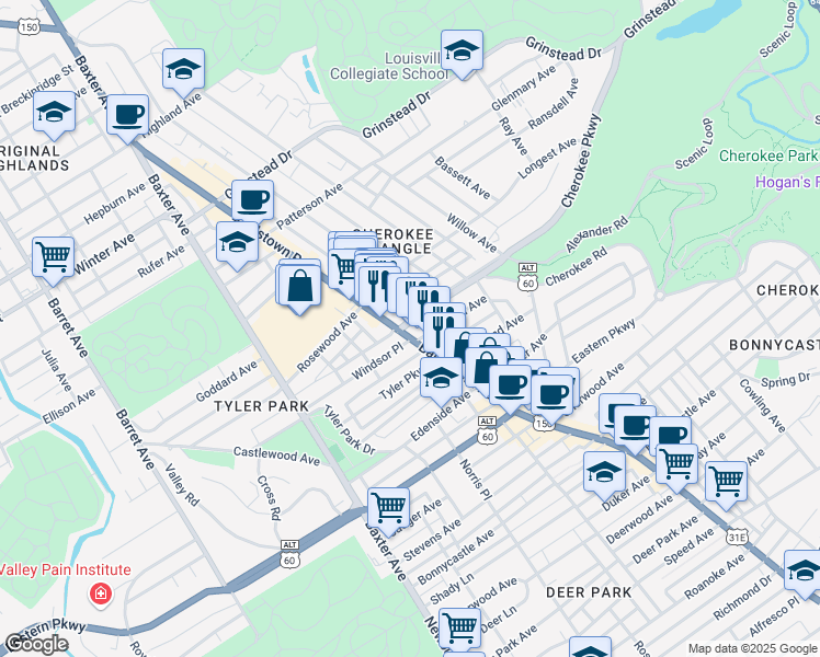 map of restaurants, bars, coffee shops, grocery stores, and more near 2006 Cherokee Parkway in Louisville