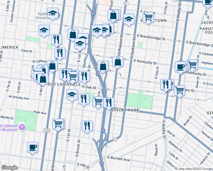 map of restaurants, bars, coffee shops, grocery stores, and more near 317 East Oak Street in Louisville