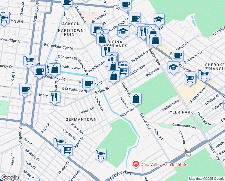 map of restaurants, bars, coffee shops, grocery stores, and more near 1241 East Oak Street in Louisville