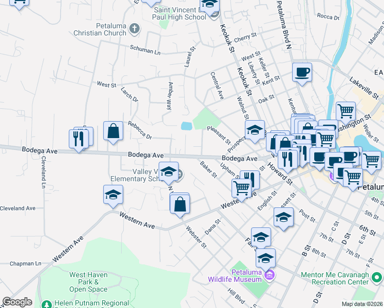 map of restaurants, bars, coffee shops, grocery stores, and more near 2 Wallace Court in Petaluma