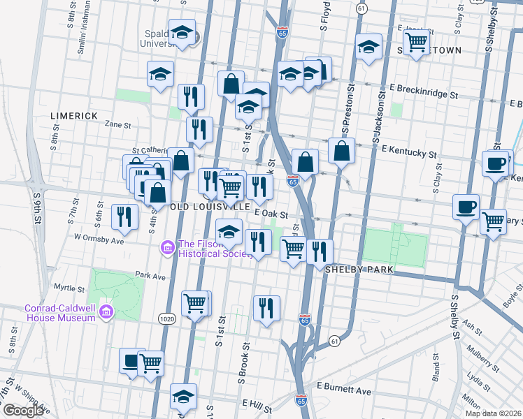 map of restaurants, bars, coffee shops, grocery stores, and more near 1141 South Brook Street in Louisville