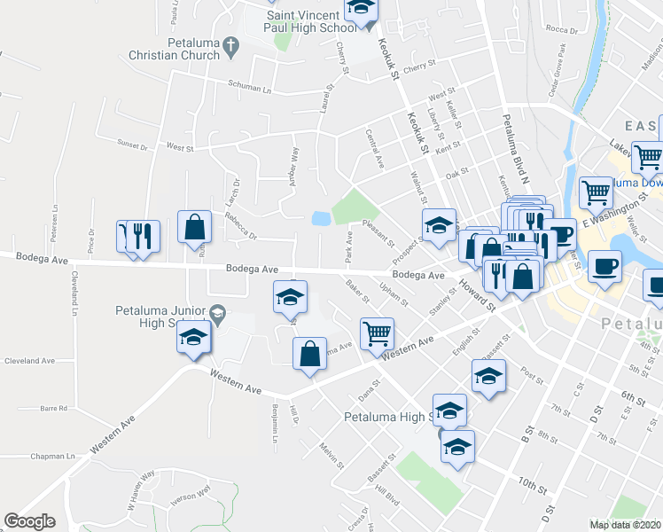 map of restaurants, bars, coffee shops, grocery stores, and more near 2 Wallace Court in Petaluma