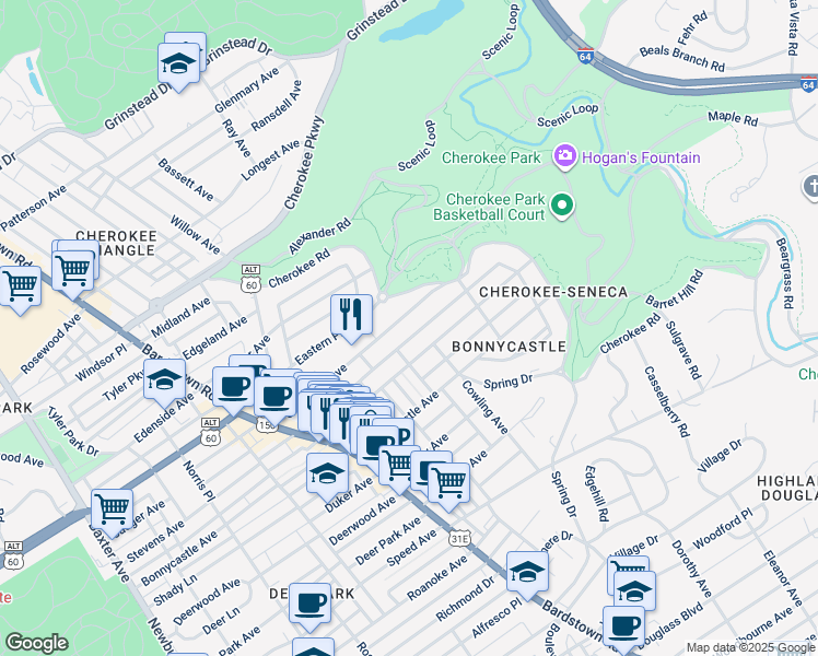 map of restaurants, bars, coffee shops, grocery stores, and more near 2212 Sherwood Avenue in Louisville