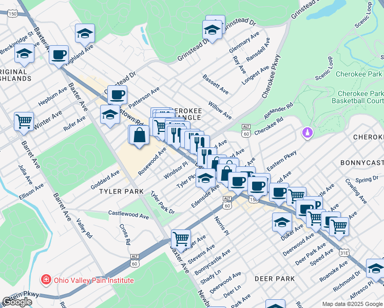 map of restaurants, bars, coffee shops, grocery stores, and more near 2017 Cherokee Parkway in Louisville