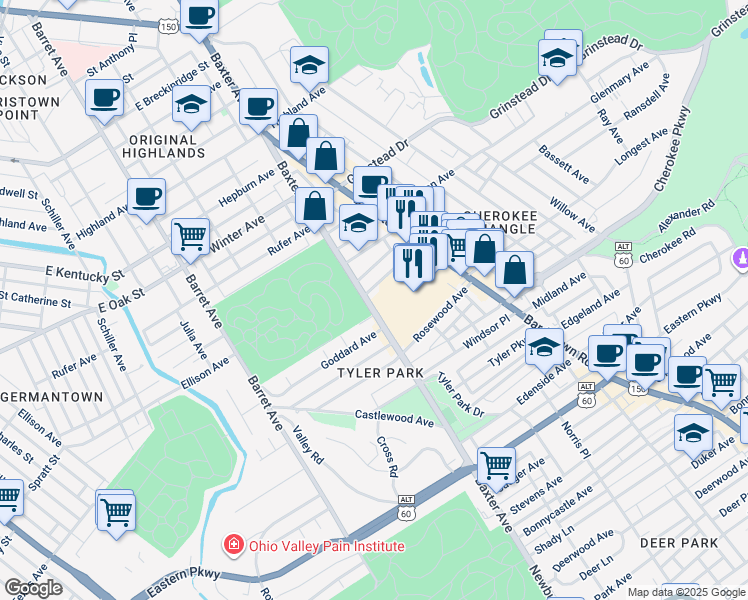 map of restaurants, bars, coffee shops, grocery stores, and more near 1614 Beechwood Avenue in Louisville