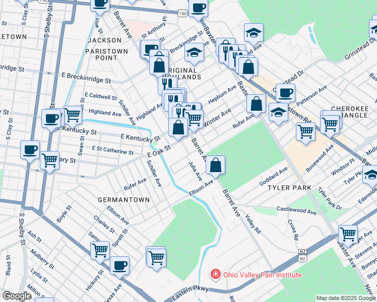 map of restaurants, bars, coffee shops, grocery stores, and more near 1038 Brent Street in Louisville