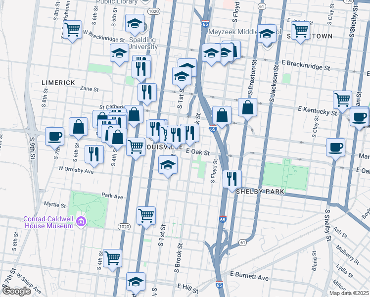 map of restaurants, bars, coffee shops, grocery stores, and more near in Louisville