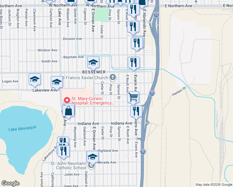 map of restaurants, bars, coffee shops, grocery stores, and more near 1821 Spruce Street in Pueblo