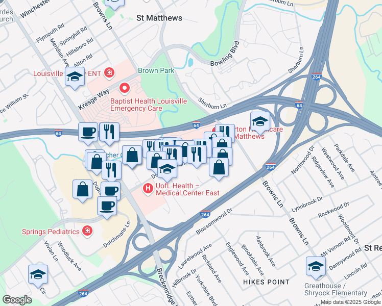 map of restaurants, bars, coffee shops, grocery stores, and more near 3999 Dutchmans Lane in Saint Matthews