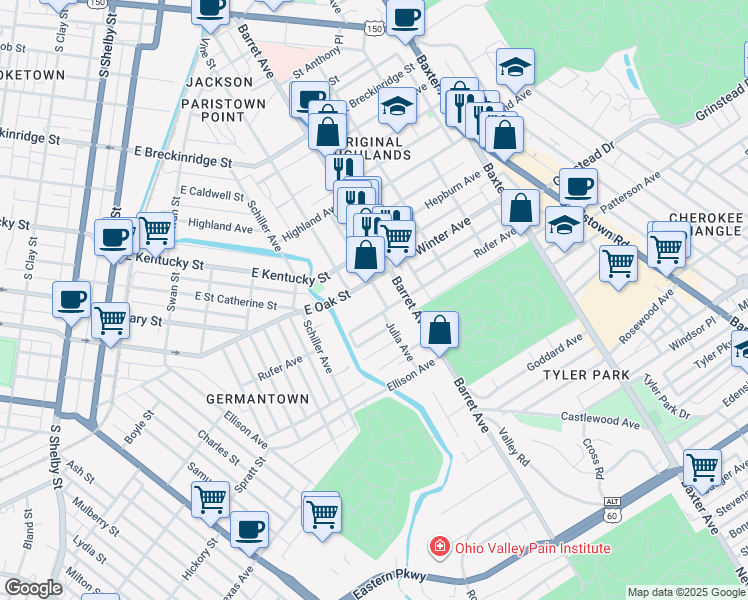 map of restaurants, bars, coffee shops, grocery stores, and more near 1038 Brent Street in Louisville