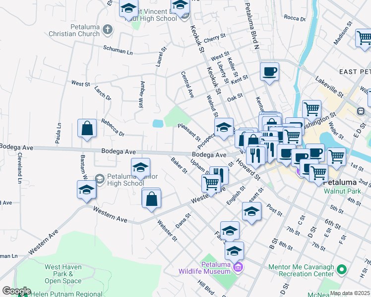 map of restaurants, bars, coffee shops, grocery stores, and more near 14 Park Avenue in Petaluma