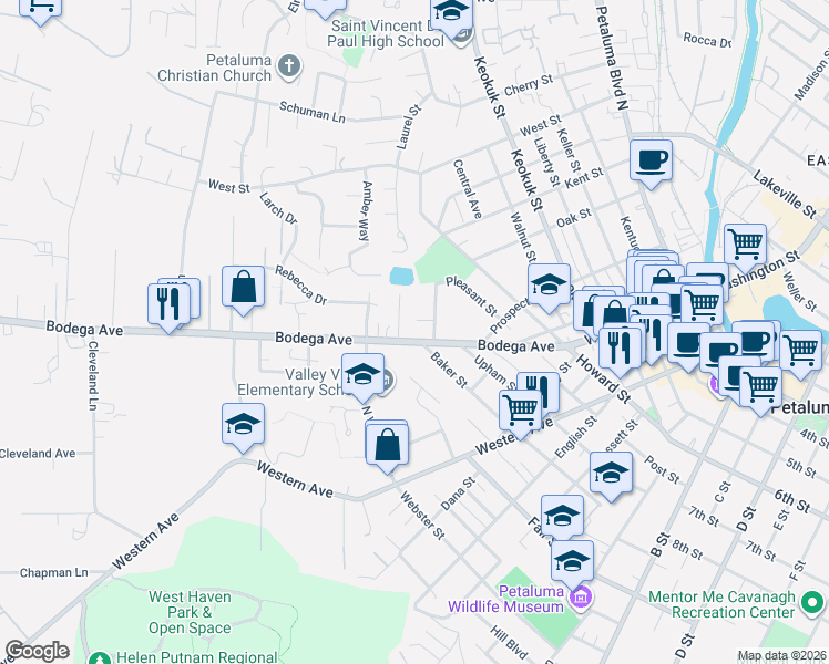map of restaurants, bars, coffee shops, grocery stores, and more near 2 Wallace Court in Petaluma