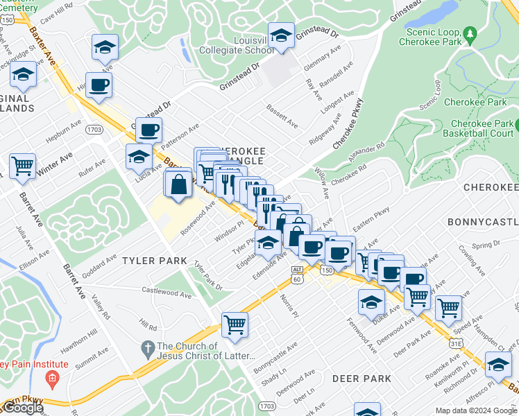 map of restaurants, bars, coffee shops, grocery stores, and more near 2017 Cherokee Parkway in Louisville