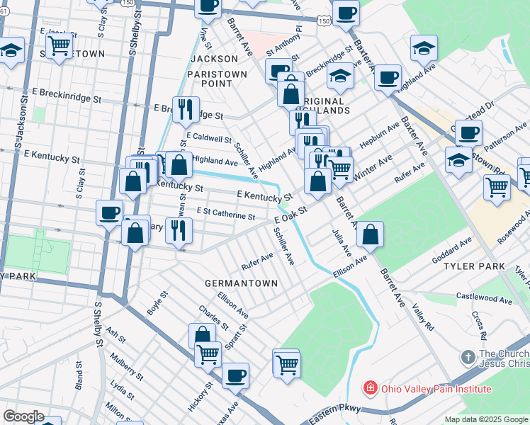map of restaurants, bars, coffee shops, grocery stores, and more near 1094 East Kentucky Street in Louisville