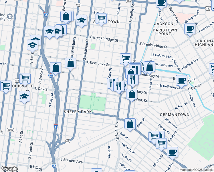 map of restaurants, bars, coffee shops, grocery stores, and more near 703 East Saint Catherine Street in Louisville