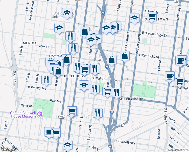 map of restaurants, bars, coffee shops, grocery stores, and more near 1141 South Brook Street in Louisville