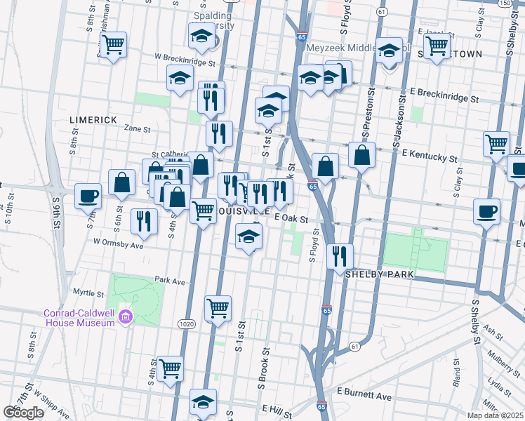 map of restaurants, bars, coffee shops, grocery stores, and more near 1161 South 1st Street in Louisville