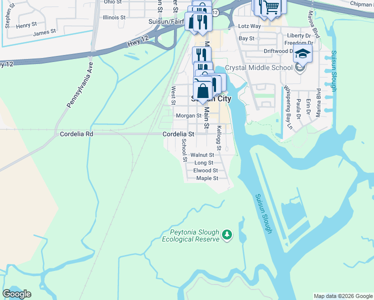 map of restaurants, bars, coffee shops, grocery stores, and more near 1101 Crystal Street in Suisun City