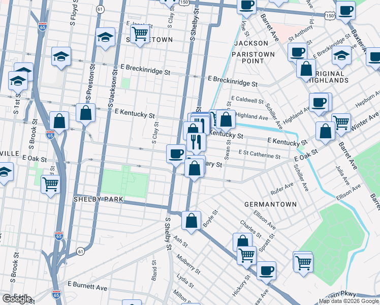 map of restaurants, bars, coffee shops, grocery stores, and more near 1104 Logan Street in Louisville