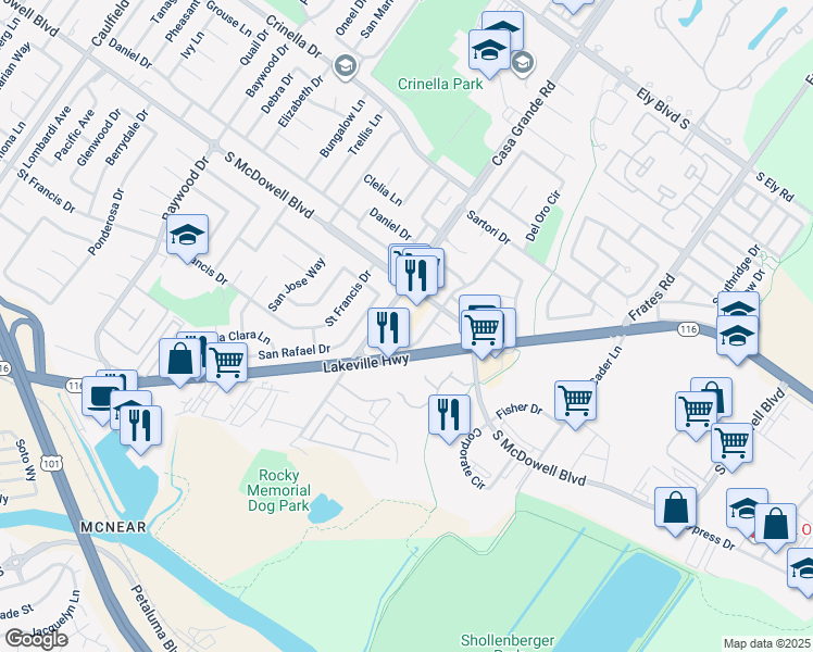 map of restaurants, bars, coffee shops, grocery stores, and more near 90 Casa Grande Road in Petaluma