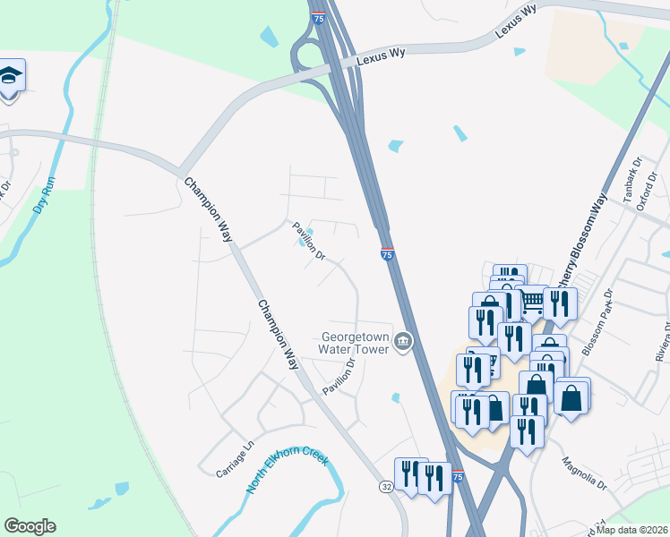 map of restaurants, bars, coffee shops, grocery stores, and more near 116 Back Stretch Drive in Georgetown