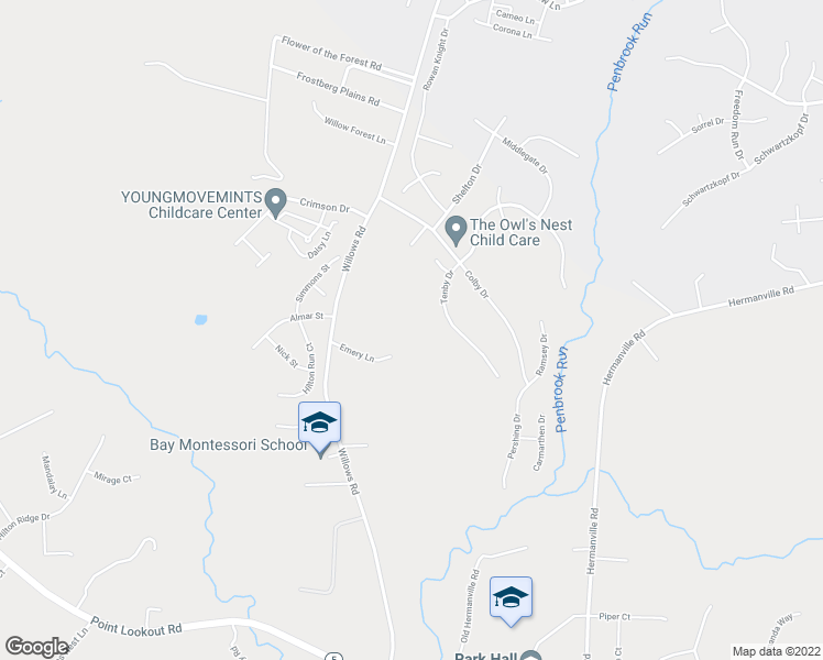 map of restaurants, bars, coffee shops, grocery stores, and more near 46846 Emery Lane in Lexington Park
