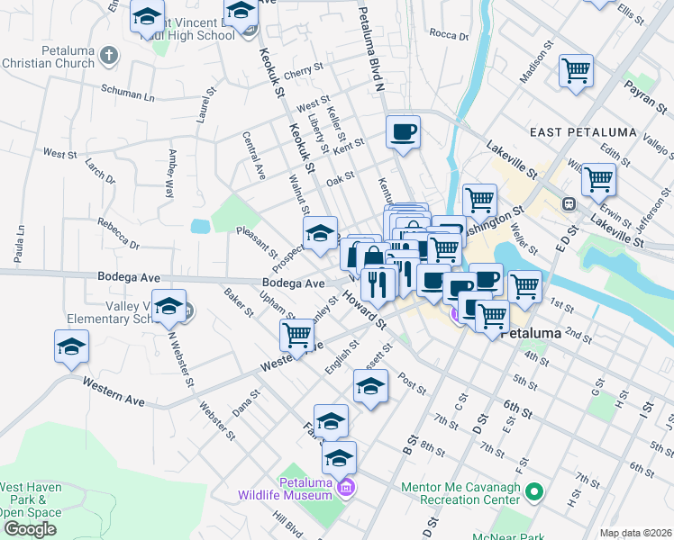 map of restaurants, bars, coffee shops, grocery stores, and more near 200 Walnut Street in Petaluma