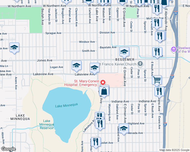 map of restaurants, bars, coffee shops, grocery stores, and more near 2001 Lakeview Avenue in Pueblo