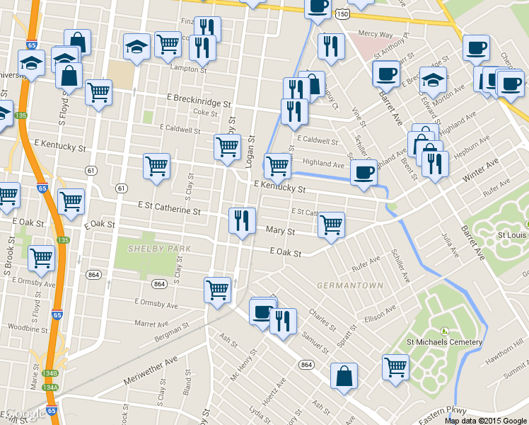 map of restaurants, bars, coffee shops, grocery stores, and more near 918 East Saint Catherine Street in Louisville