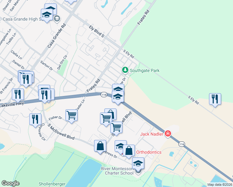 map of restaurants, bars, coffee shops, grocery stores, and more near 1688 SouthView Drive in Petaluma