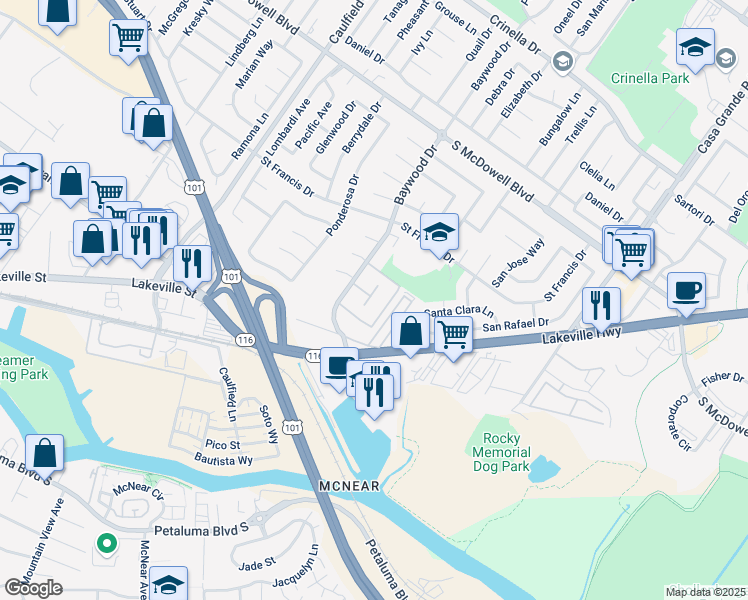 map of restaurants, bars, coffee shops, grocery stores, and more near 1144 Baywood Drive in Petaluma