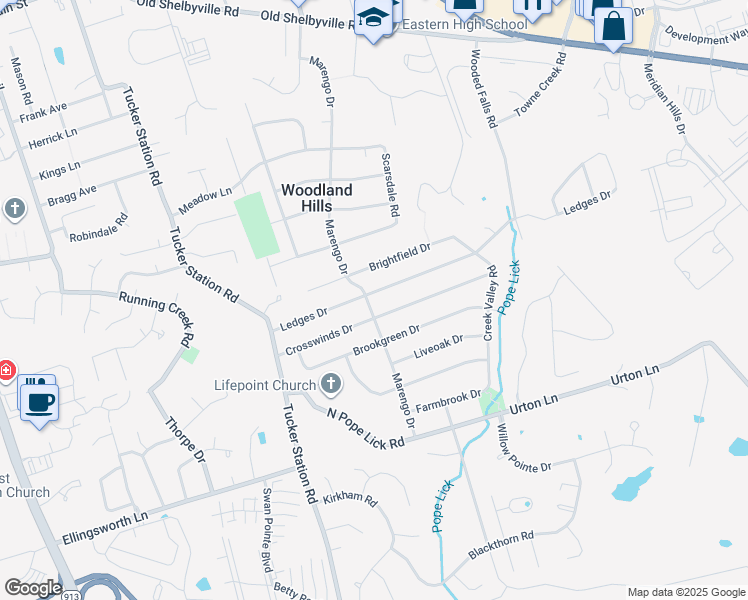 map of restaurants, bars, coffee shops, grocery stores, and more near 12228 Ledges Drive in Louisville