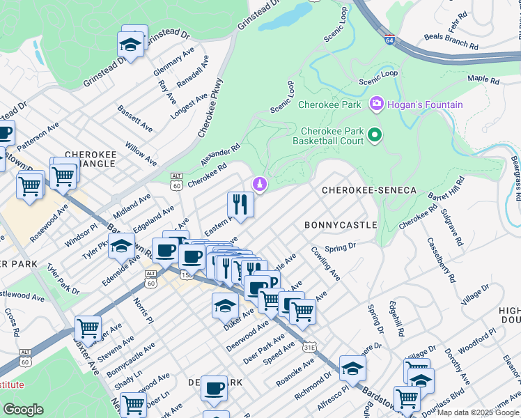 map of restaurants, bars, coffee shops, grocery stores, and more near 2116 Eastern Parkway in Louisville