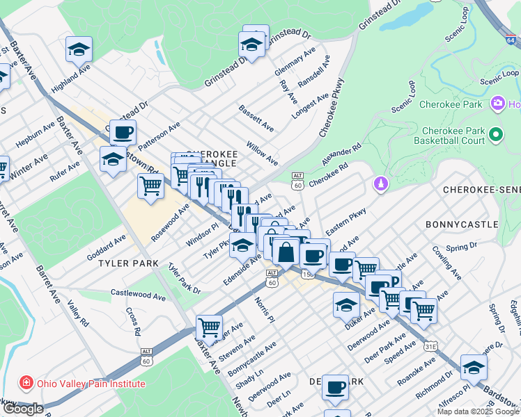 map of restaurants, bars, coffee shops, grocery stores, and more near in Louisville