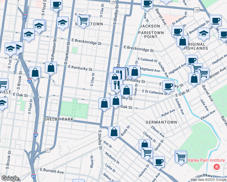map of restaurants, bars, coffee shops, grocery stores, and more near 1104 Logan Street in Louisville