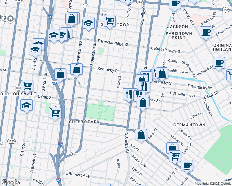 map of restaurants, bars, coffee shops, grocery stores, and more near 703 East Saint Catherine Street in Louisville