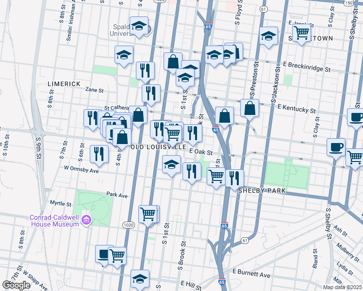 map of restaurants, bars, coffee shops, grocery stores, and more near in Louisville