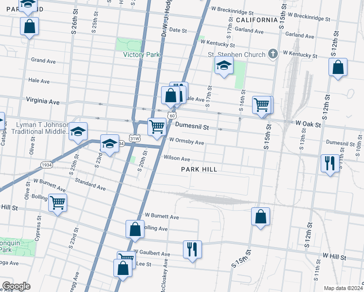 map of restaurants, bars, coffee shops, grocery stores, and more near 1788 West Ormsby Avenue in Louisville